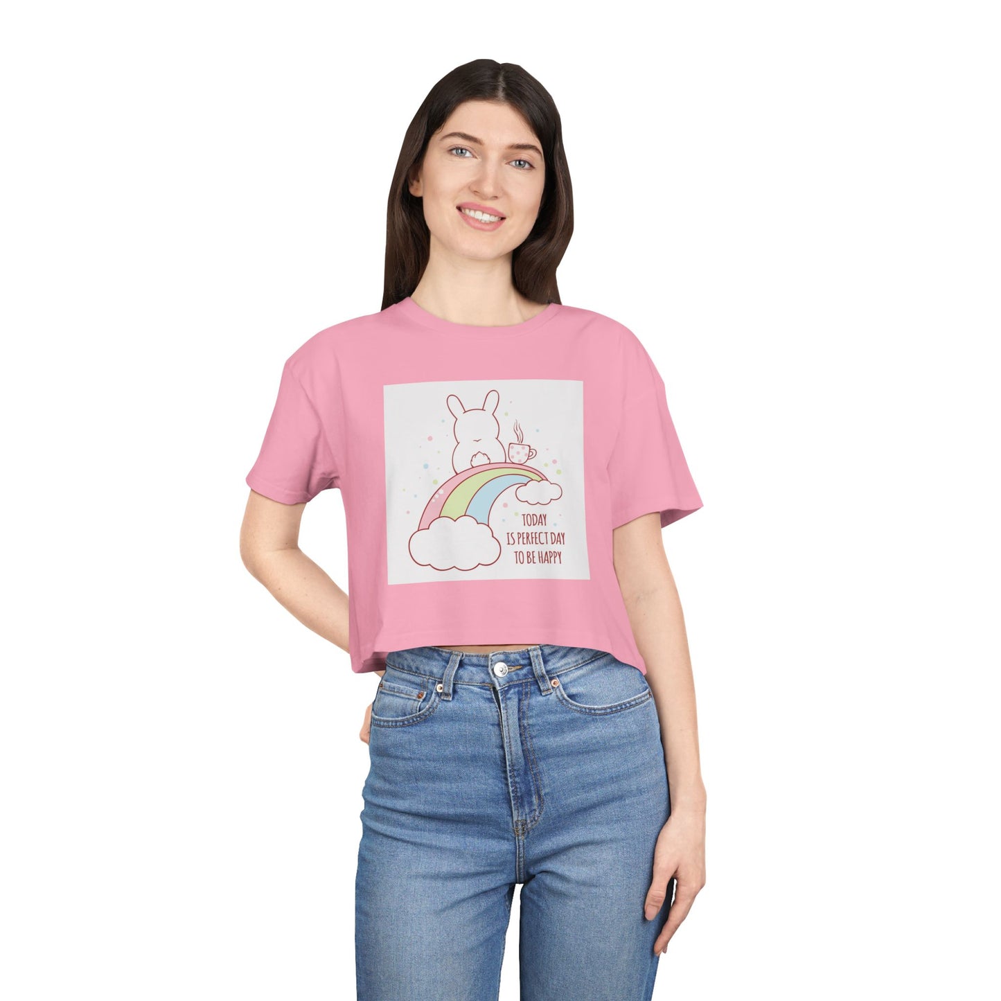 Cute Rainbow Bunny Crop Tee — "Touch Sunshine, Be My Light"