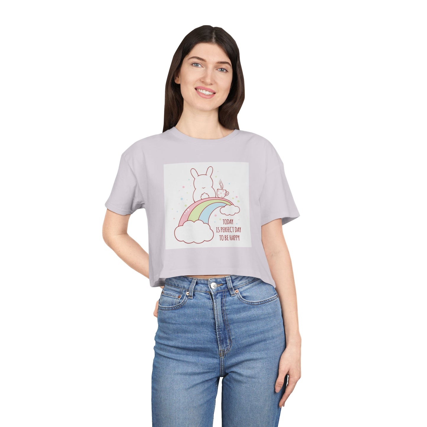 Cute Rainbow Bunny Crop Tee — "Touch Sunshine, Be My Light"