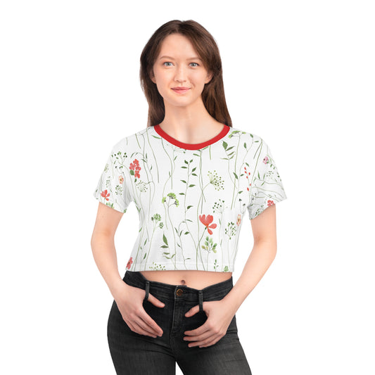 Floral Meadow Crop Tee — Red Ringer, Watercolor Wildflower Print