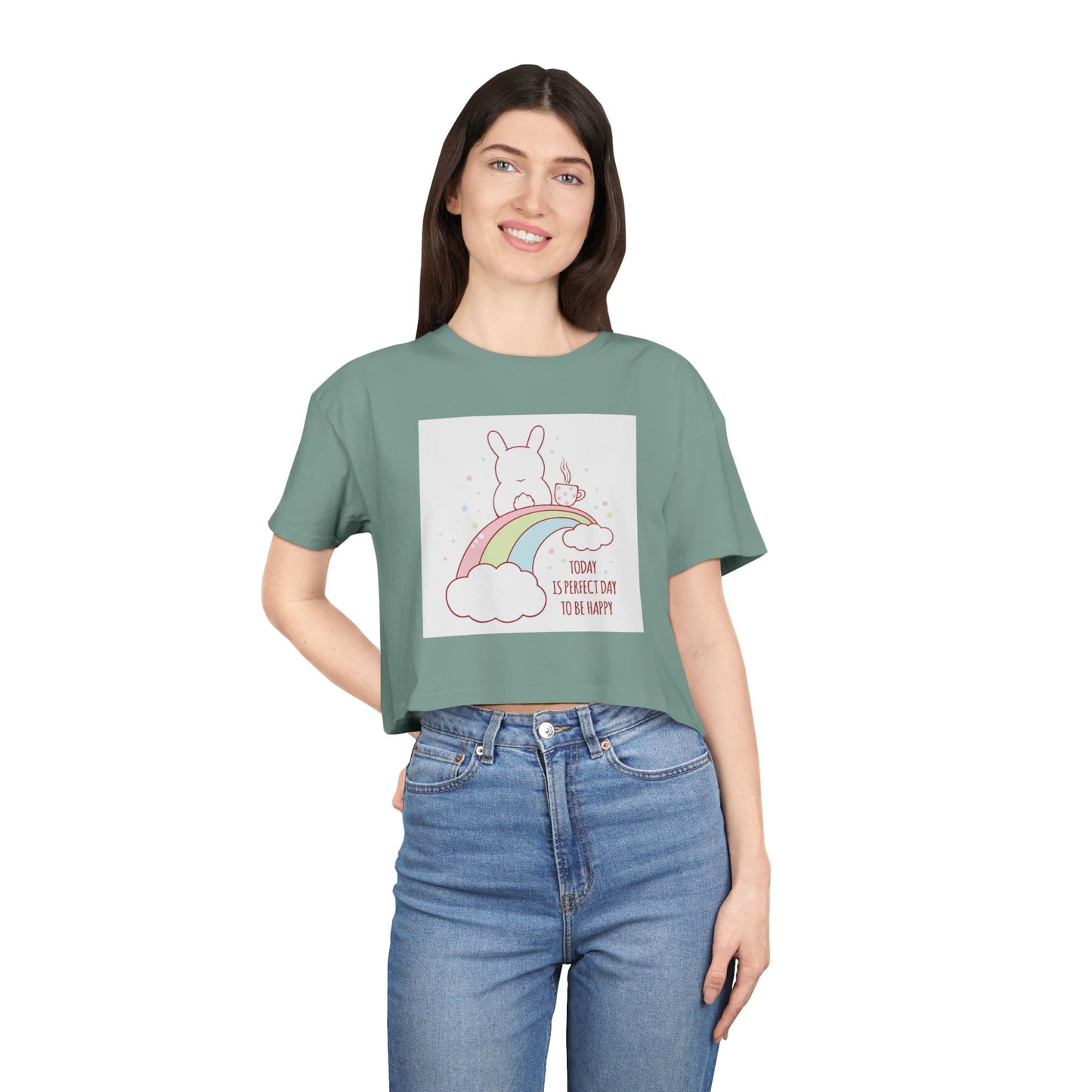 Cute Rainbow Bunny Crop Tee — "Touch Sunshine, Be My Light"