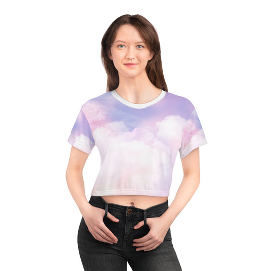 Pastel Cloud Crop Tee — Dreamy Pink & Lavender All-Over Print